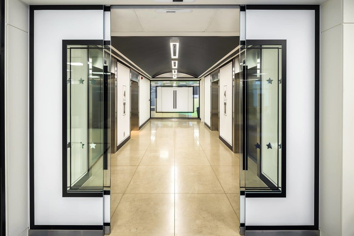 The lift lobby at CoWork Moorgate, photographed by Biztour