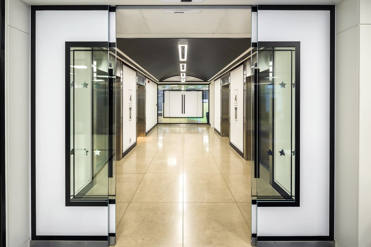The lift lobby at CoWork Moorgate, photographed by Biztour