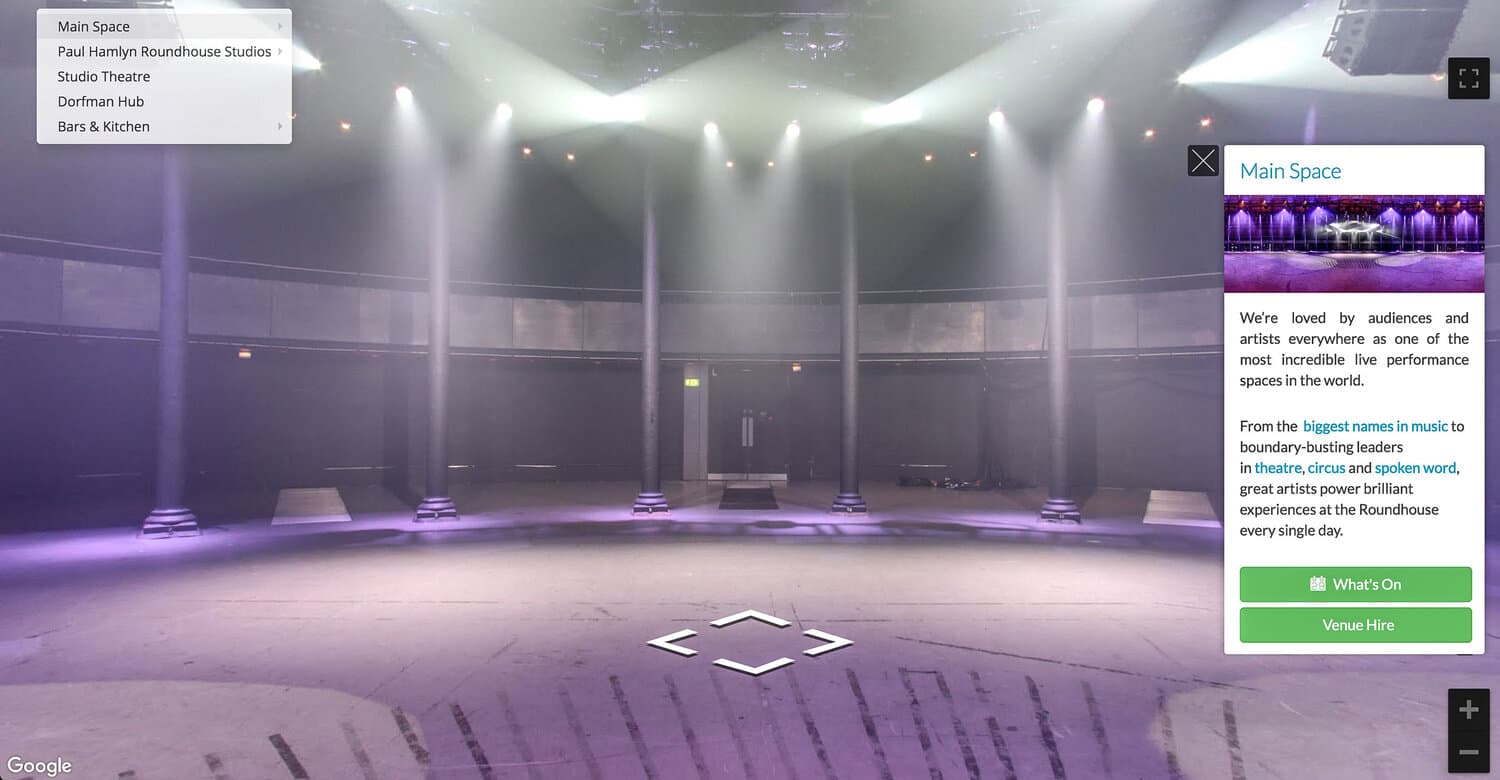 The enhanced virtual tour of the Roundhouse in Camden, with hotspots and venue hire calls to action