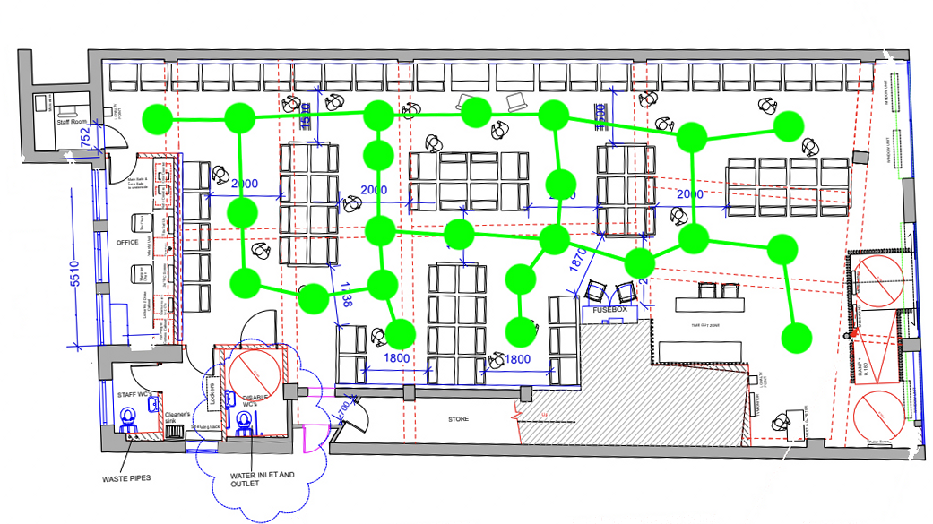 Floor plan of a large open-plan venue with 23 planned 360 scene positions marked as green dots
