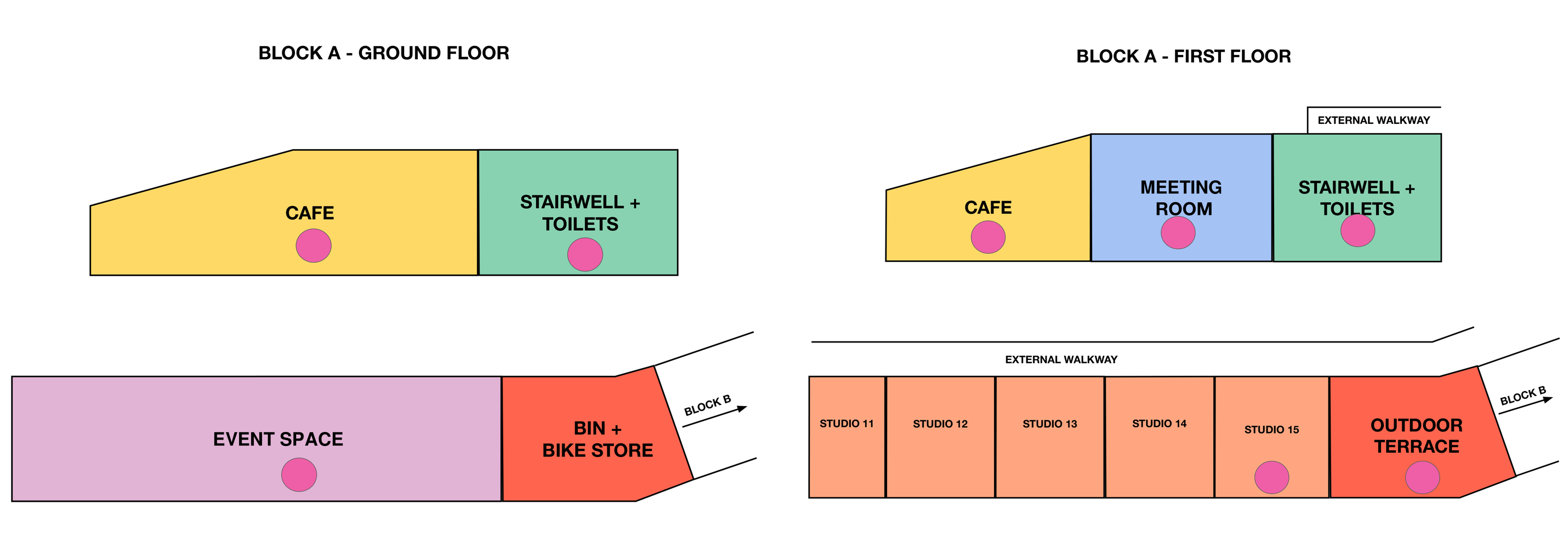 Ground and first floor plans of a workspace block with 8 planned 360 scene positions marked as pink dots