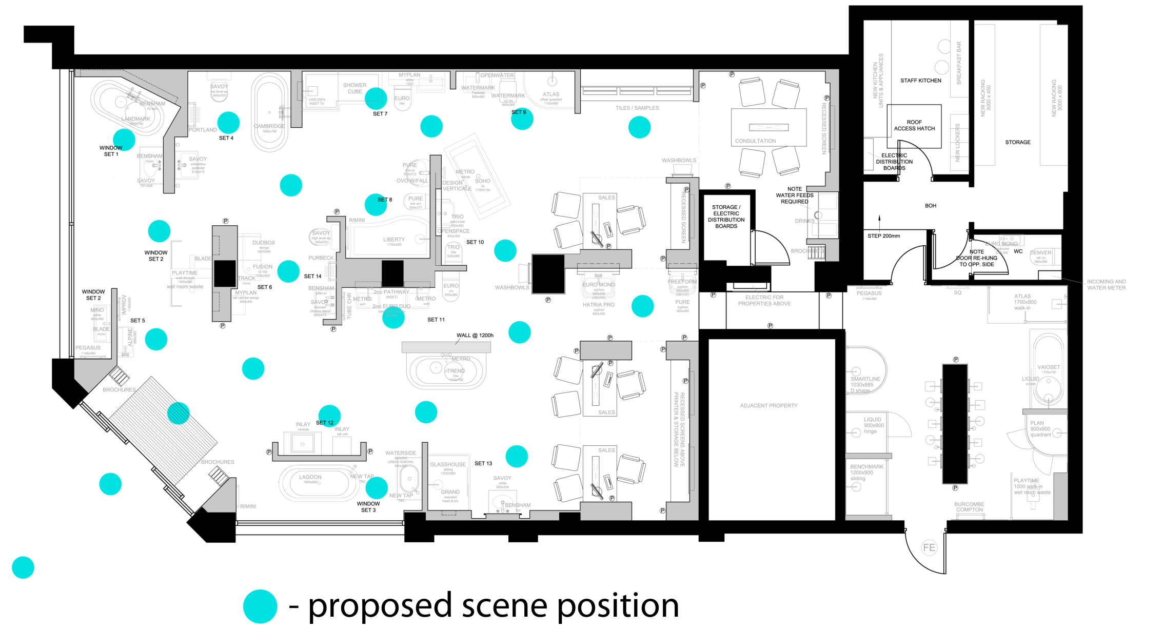 Floor plan of a single-floor showroom with 23 planned 360 scene positions marked as blue dots
