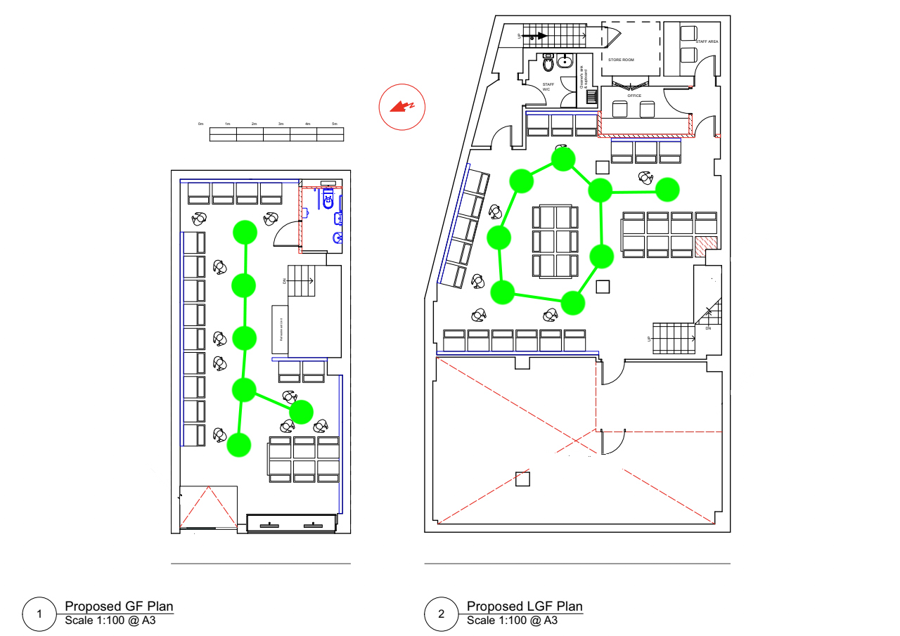 Floor plan of a two-floor high-street venue with 14 planned 360 scene positions marked as green dots