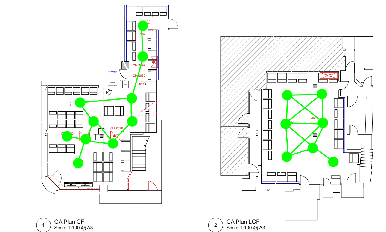 Floor plan of a two-floor corner venue with 17 planned 360 scene positions marked as green dots